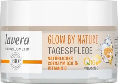 A product shot of a Lavera face cream jar with text and graphics.