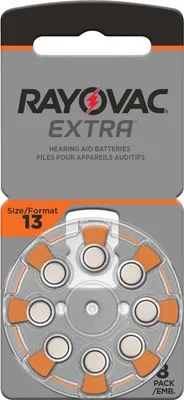 A package of Rayovac Extra hearing aid batteries, size 13.