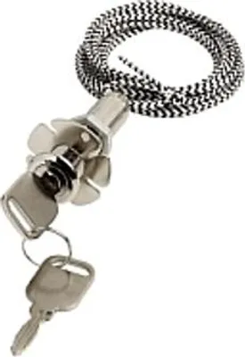 A close-up shot of a Hörmann emergency release lock with two keys and a coiled cable.