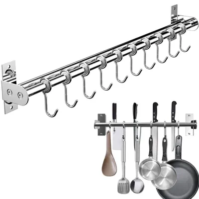 Produktbild von Hängeleiste Küchenreling, Küchenhakenleiste 12 Haken mit Messerhalter und Topfdeckel Halter, Edelstahl Doppelrohr,küche organizer,Rostfrei ,60 cm
