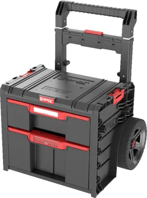 Produktbild von QBRICK PRO Cart 2.0 Plus Drawer, Mobile Werkzeugbox, auf Rädern, abnehmbarer Doppelteleskopgriff, 2 Schubladen mit Unterteilungen, Fußplattform, 520 x 415 x 660 mm (Außenmaß)