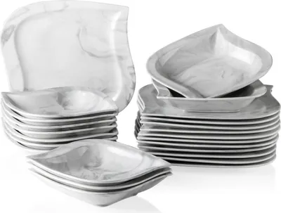 Produktbild von Geschirrset Deluxe - 12 Personen - Porzellan - 24 Teile - Geschirrset 12 Personen - Geschirrset 24 Teile - Marmormarke