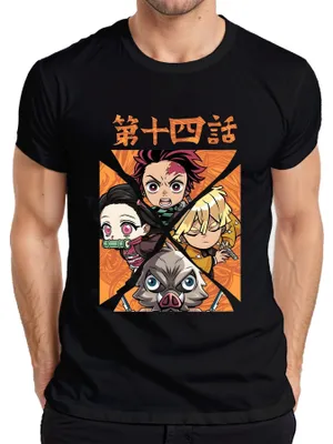 Zdjęcie produktu dla Koszulka męska Kimetsu no Yaiba Tanjiro Nezuko Zenitsu Inosuke Chibi Gift, czarny, XL