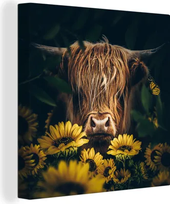 Produktbild von MuchoWow® - Leinwandbilder - Schottische Highlander - Blumen - Kuh - Botanisch - Tiere, Wandbild, Wanddeko Bilder Wohnzimmer, 50x50 cm