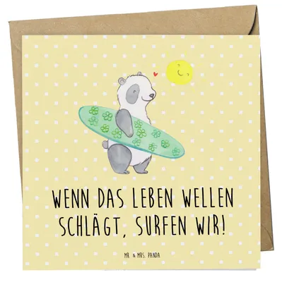 Produktbild von Mr. & Mrs. Panda doppelkarte Sommer Wellen Surf - Gelb Pastell - Geschenk, Kamin, Emotionen, Klappkarte, am Strand, Küste, Glückwunschkarte, Strandurlaub, Urlaub Meer