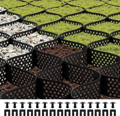A close-up view of a landscape grid system filled with grass, gravel, and soil, with fasteners shown below.
