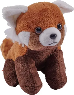 A plush toy red panda is shown sitting against a white background.