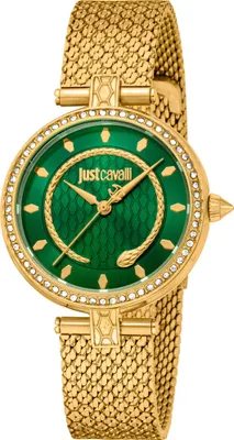 Just Cavalli Signature Snake Serpente Nascosto - SET Orologio da donna bracciale flessibile + Specchietto moda dorato verde - JC1L073M0065