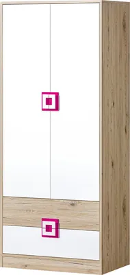 Produktbild von Furniture24 Kleiderschrank NICO 01, Drehtürenschrank, Schrank mit 2 Schubfächern und Kleiderstange Hell Eiche/Weiß/Rosa