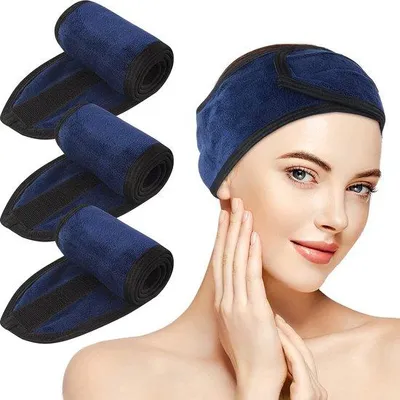 Productafbeelding van Unyqoos® Kosmetik haarband, set van 3 – verstelbare microvezel/frotteer band voor het voorhoofd, 65x8 cm, 80% polyester/20% polyamide, met klittenbandsluiting, marineblauw