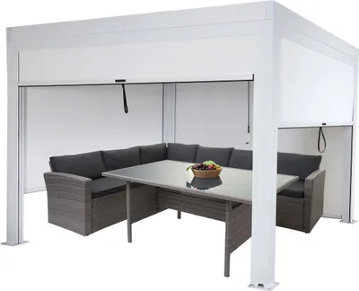 Zdjęcie produktu dla Pergola HWC-L46 ze ścianką boczną, pawilon ogrodowy roleta listwowa pawilonowa, rama aluminiowa 11cm, odporna na burzę 3x3m ~ biały