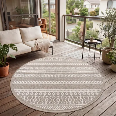 Produktbild von Outdoor Teppich Flachgewebe modern Boho Ethno wetterfest Außenbereich Grösse 200 cm Rund