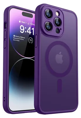 A purple iPhone case with a visible iPhone inside, shown from a diagonal angle.