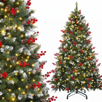 Produktbild von 230 cm Künstlicher Weihnachtsbaum mit Schnee und 550 LED Beleuchtung, 82 Kiefernzapfen, 82 Beeren, Tannenbaum mit 1398 Spitzen, Metallständer