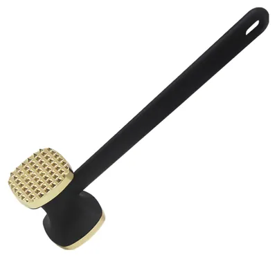 A meat tenderizer hammer with a black handle and a gold-colored head is shown against a white background.