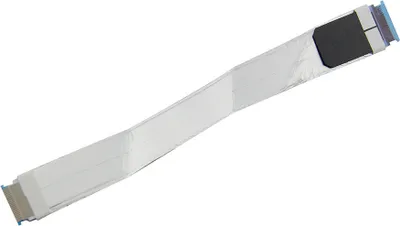 A flat ribbon cable with connectors on both ends, lying on a white background.