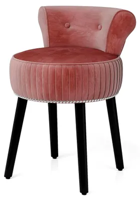 Produktbild von Samt Schminkhocker mit Lehne, gepolsterter Vanity Sitzhocker mit tief getufteter Rückenlehne und massiven Holzbeinen, kleiner Schminkstuhl, Akzentstuhl für Schlafzimmer und Wohnzimmer (Rosa)