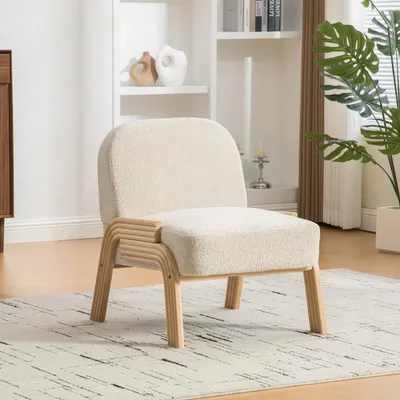 Produktbild von okwish Loungesessel Posterstuhl mit Rückenlehne Armlehnenloses Design Holzgestell Moderner Stil Chenille Beige