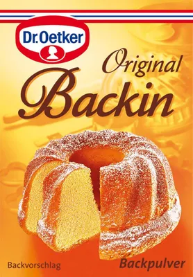 A package of Dr. Oetker Original Backin Backpulver with a picture of a bundt cake.