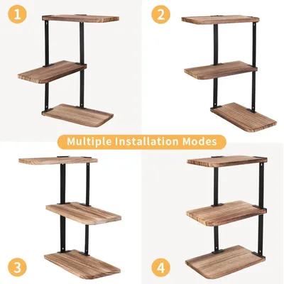 Produktbild von Eckregal - Wandmontiertes Eckwandregal - 3-stöckiges Aufbewahrungsregal - Metallgestell - Für Bad Schlafzimmer Küche - Hellbraun
