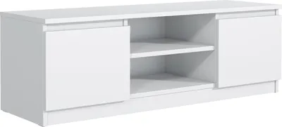 A white TV cabinet with two doors and two open shelves.