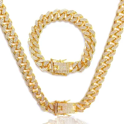Image de Collier cubain argenté à maillons avec strass, 12mm, set collier et bracelet