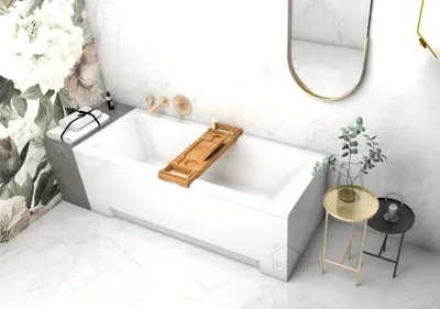 Produktbild von ECOLAM Badewanne Rechteck Modern Acryl weiß 160x70 cm +Ablage Bambus +Schürze Ablaufgarnitur Ab-und Überlauf Automatik Füße Silikon
