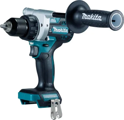 A cordless drill with an auxiliary handle, shown against a white background.