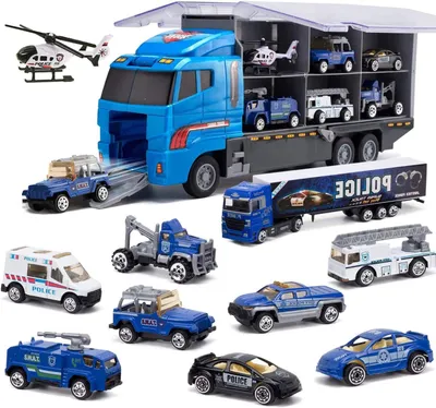 Zdjęcie produktu dla Policja pojazdy zabawkowe zestaw, 10 w 1, mini auta i transporter, dla dzieci