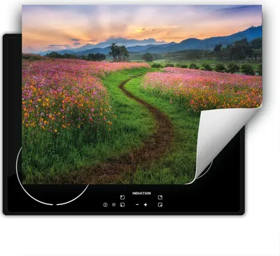 Produktbild von DarHaus Herdabdeckplatte 80x52 cm Anti Rutsch Matte Aufrollbar, Landschaft  - Blumen
