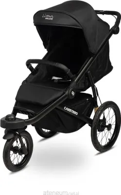 A black stroller is shown against a white background.