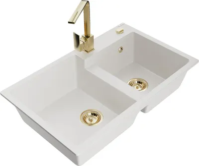 Produktbild von Mexen Tomas 2-Becken-Granitspüle mit Mischbatterie Rita, Weiß - 6516-20-670300-50