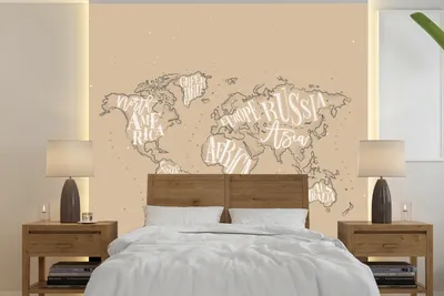 Produktbild von MuchoWow® Fototapete für Wohnzimmer oder Schlafzimmer Wandtapete Vinyl Motivtapete Weltkarte - Braun - Weiß - Buchstaben - 220x220 cm - Tapeten