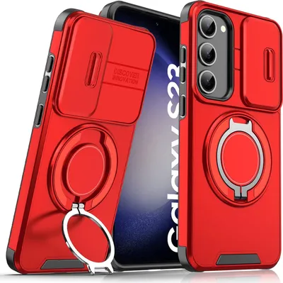 Obrázek produktu pro Dvouvrstvé pouzdro pro Samsung Galaxy S23+, s posuvným krytem fotoaparátu a magnetickým kroužkovým stojánkem Červený