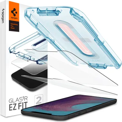 A product shot of a phone case and screen protector set, with a phone shown at the bottom.