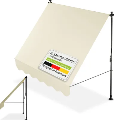 A cream-colored awning is shown tilted on a white background, supported by two dark poles. A small inset image shows the awning from a different angle.