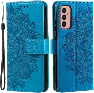 A blue flip case for a Samsung Galaxy A14 4G/5G phone, featuring a mandala embossed design. The case is shown open, revealing the phone slot and card holder, and closed, showcasing the exterior.