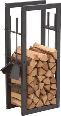 A metal firewood rack filled with logs, with fireplace tools attached.