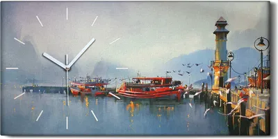 Produktbild von Dekor Leinwand Uhr Wandbilder Quarz 60x30 Fischerboot Hafen am Morgen Aquarell - weiße Hände