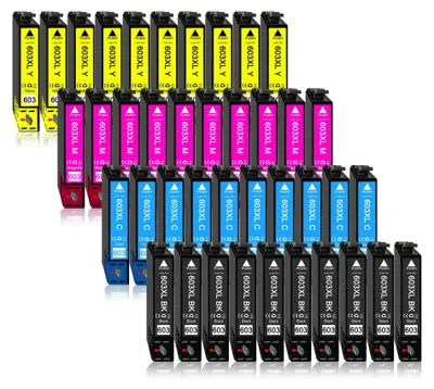 A collection of ink cartridges arranged in rows.