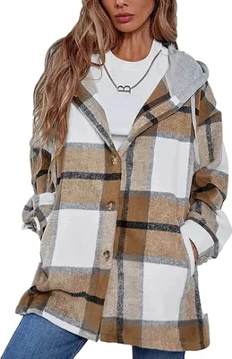 Produktbild von ASKSA Damen Karierte Kapuzen Warm Hemdjacke mit Kapuze Langarm Knöpfen Mantel Jacken, Khaki, M