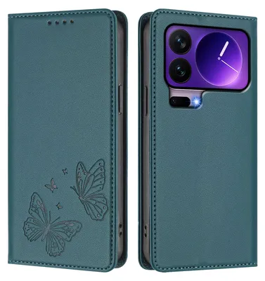 Obrázek produktu pro Kožené pouzdro pro Xiaomi 17 Pro, motýlí ražbou, peněženkové flip pouzdro se stojánkem Zelená
