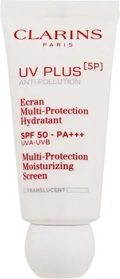 A white tube of Clarins UV Plus sunscreen with red text.