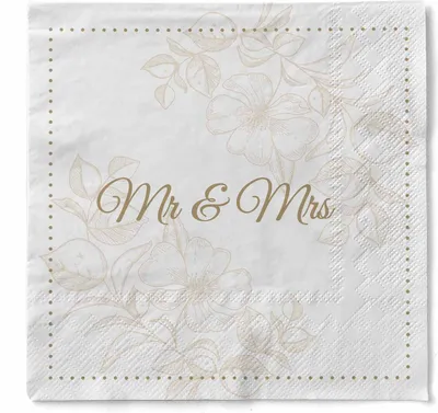 Produktbild von Sovie HORECA Serviette "Mr & Mrs (Blume)" aus Tissue 33 x 33 cm, 100 Stück - Hochzeitsserviette