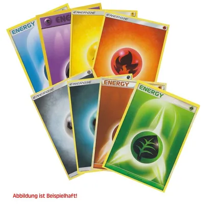 A collection of Pokemon energy cards fanned out against a white background.