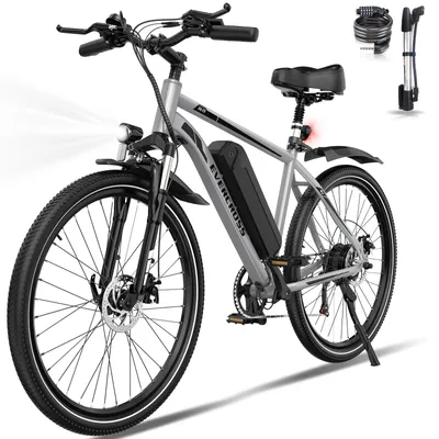 A silver electric bicycle is shown against a white background, with accessories like a lock and pump displayed in the upper right corner.