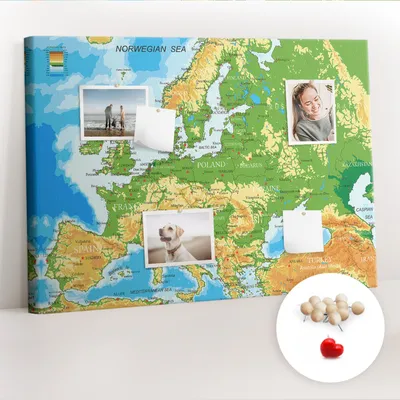 Obrázek produktu pro Korková nástěnka s kolíčky - Tabule s kolíky pro fotografie a poznámky - 100x70 cm - Připínáčky dřevěné 100 kusů - Zeměpis Mapa světa