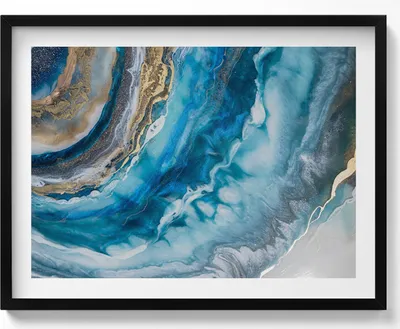 Produktbild von Blauer Marmor Abstraktion– Wandbild mit Rahmen – Gerahmtes Bild  – Wanddekoration – 80x60 cm –  Schwarz Rahmen