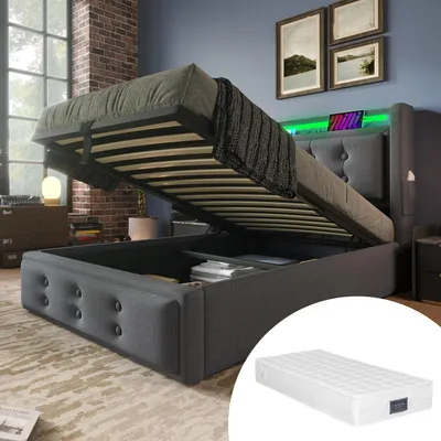 Immagine prodotto di Letto imbottito 90x200, letto singolo con testiera LED e funzione di ricarica USB-C, letto con sistema di sollevamento idraulico, rete a doghe in legno e struttura in metallo, capacità massima fino a 150 kg