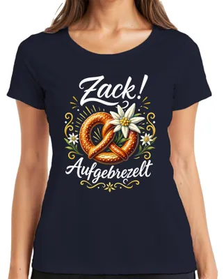 Obrázek produktu pro Základní tričko s motivem "Zackig", "Aufgebrezelt Brezel", "Edelweiß", "Alpen", "Trachtenshirt", "Lederhose", dámské, barva tmavě modrá, velikost M